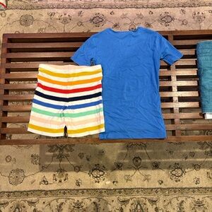Primary Blue Short Sleeve kids pajamas and rainbow shorts